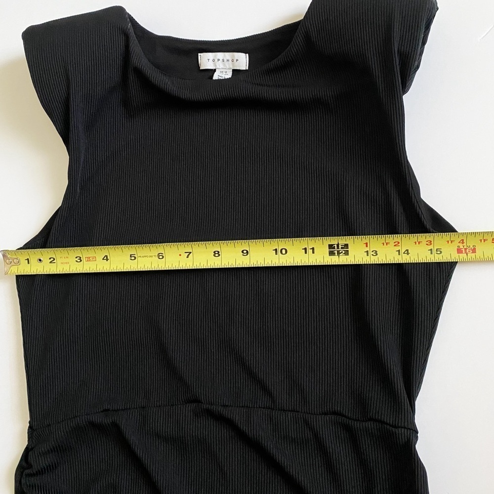 Topshop | Ruched Shoulder Pad Black Sleeveless Dress | Size 8 - Picture 10 of 11